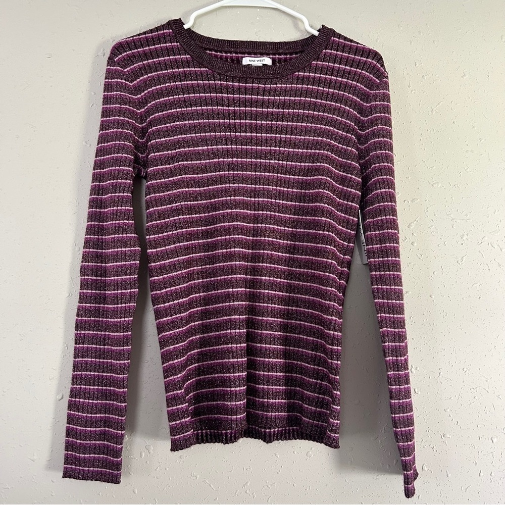 🦋 NWT Nine West Purple Striped Glitter Long Sleeve Blouse Sweater Large Sparkly